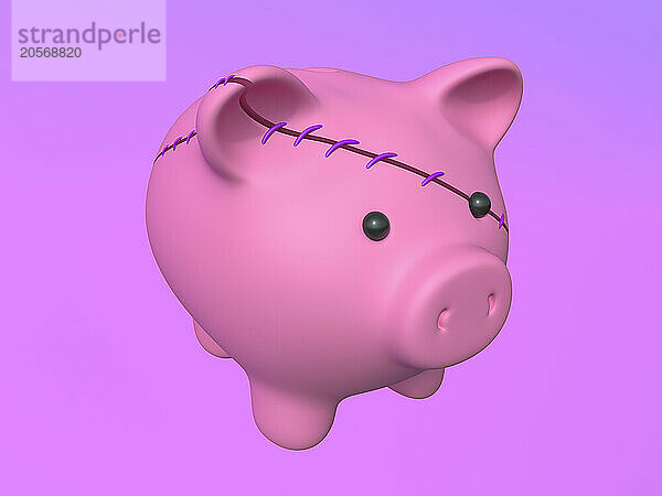 Stitched broken piggy bank against pink background