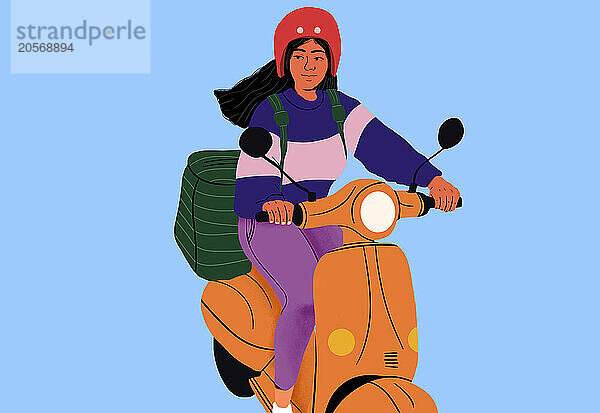 Young woman carrying backpack riding scooter in front of blue background