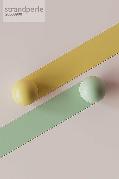 3D render of yellow and green bars with spheres over pink background