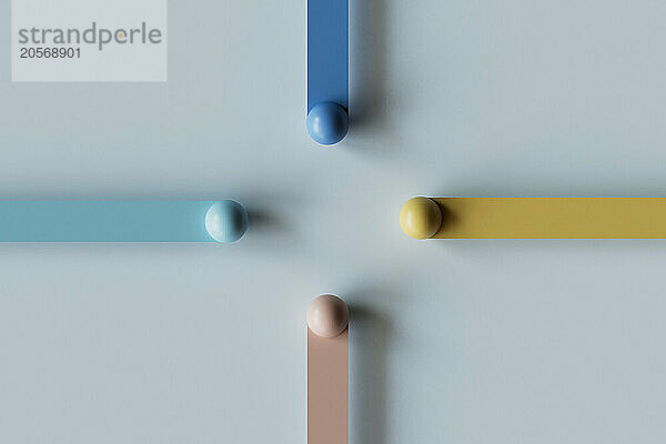 3D render of multi colored bars with spheres against blue background