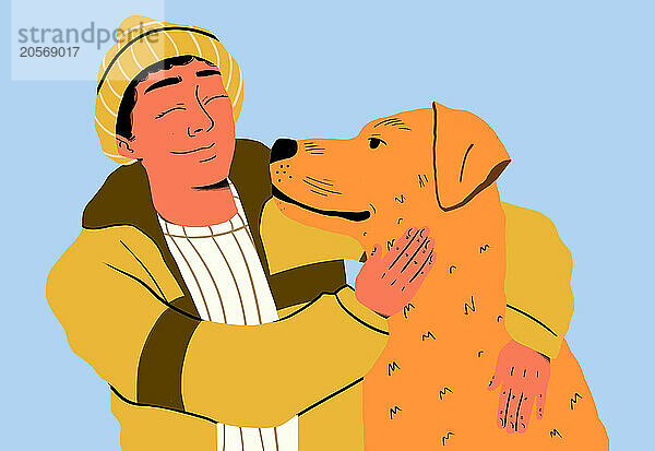 Smiling man embracing dog against blue background