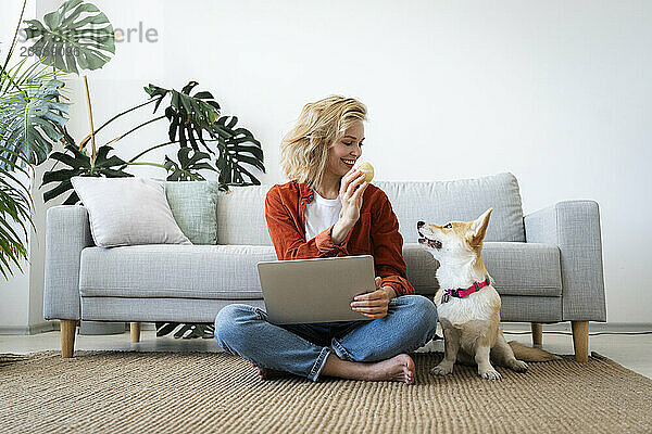 Smiling freelancer giving obedience training to dog sitting at home