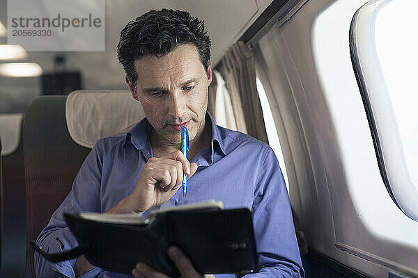 Mature businessman with diary sitting in airplane