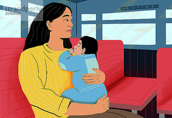 Mother holding baby and sitting on seat in train