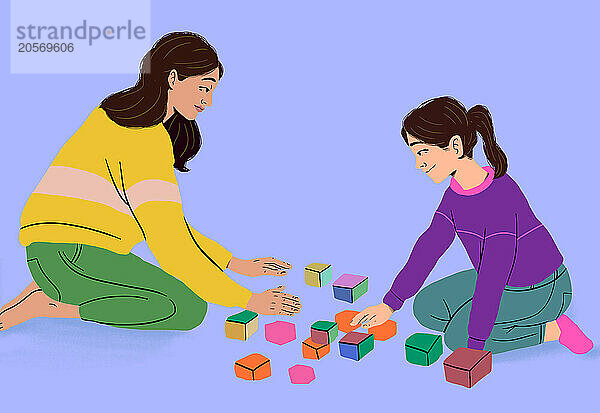 Mother and daughter playing with blocks against purple background