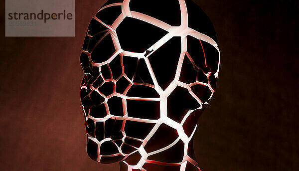 3d rendering of illuminated cracked bust against red background