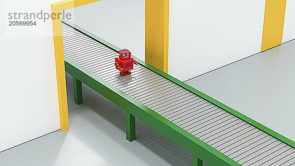 Red robot on conveyor belt in factory