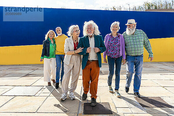 Happy elderly friends walking together on footpath