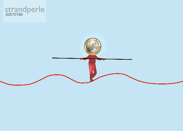 Illustration of tightrope walker with euro coin head walking on wavy line