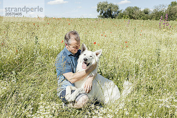 Happy man embracing white Swiss Shepherd dog sitting in field at sunny day