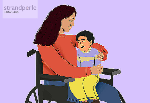 Mother with physical disability sitting on wheelchair with son against purple background