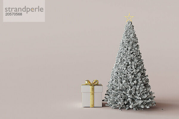 3D render of Christmas tree with gift over pink background