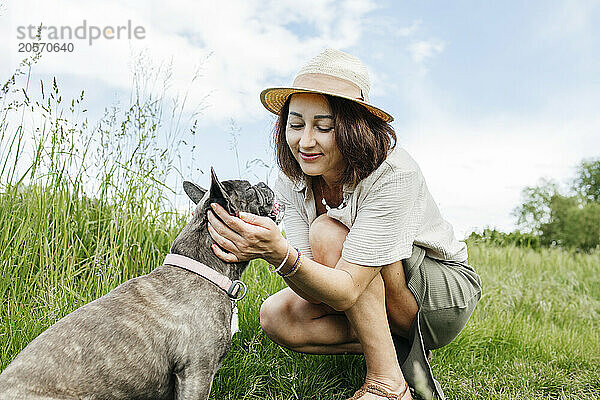 Happy woman petting french bulldog in field