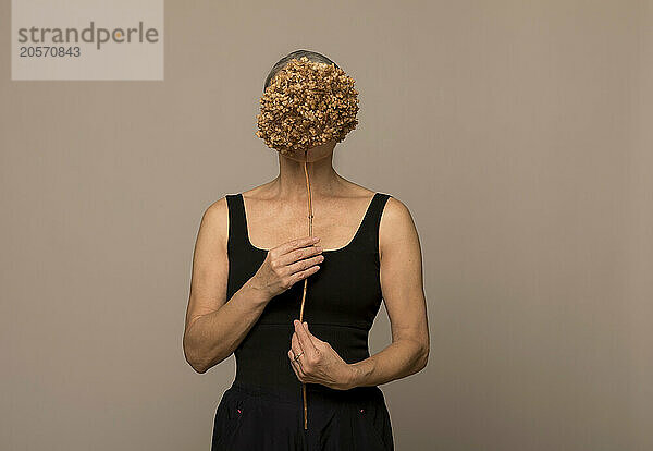 Senior woman hiding face with withered flower standing against brown background