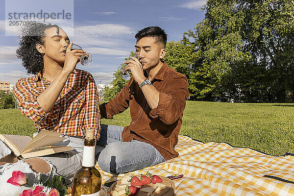 Young couple drinking wine and sitting on picnic blanket at public park