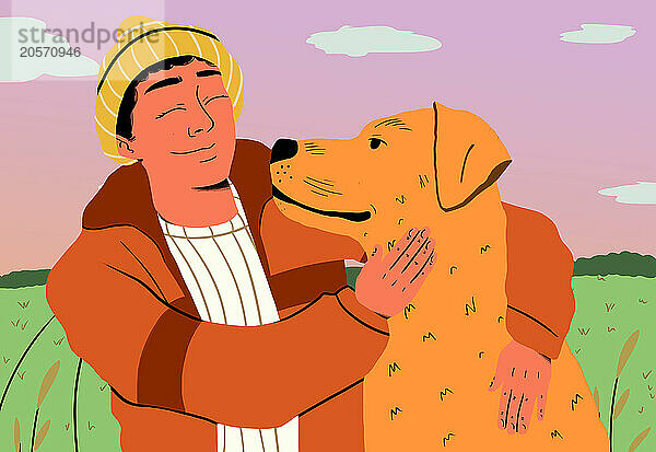 Illustration of man embracing dog at sunset