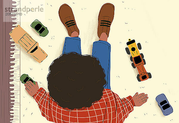 Illustration of curly hair child playing with toy cars at home