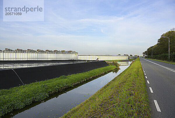 Greenhouse with canal at roadside in south of Netherlands