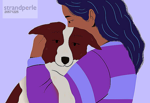 Affectionate woman hugging and comforting pet dog