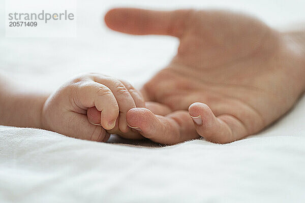 Baby boy holding mother's finger on bed at home