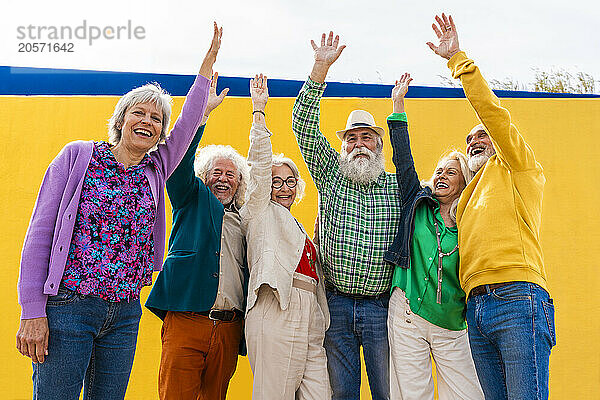 Happy elderly friends with arms raised enjoying together