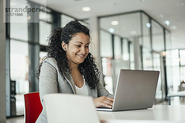 Smiling businesswoman using laptop and sitting at desk in office