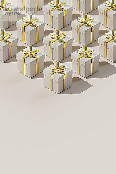 Seamless pattern of gift boxes wrapped in golden ribbon over colored background