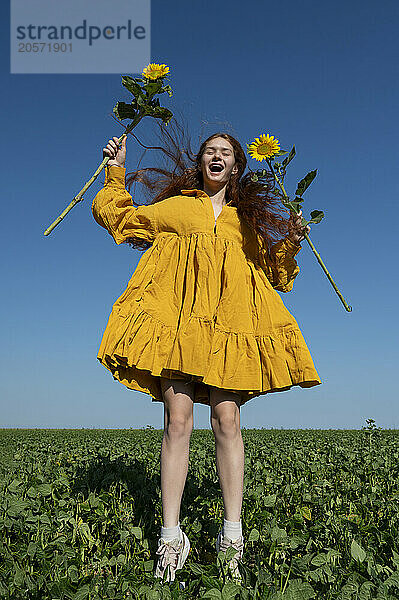 Teenage girl with red hair in a yellow dress jumping with sunflowers in a green field