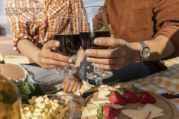 Hands of boyfriend and girlfriend toasting wineglasses