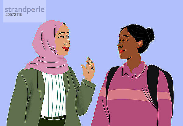 Woman in pink hijab talking with friend against colored background