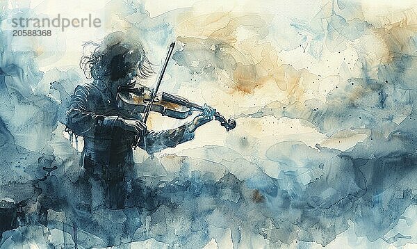 A watercolor painting featuring a silhouette of a person playing the violin in abstract blue and orange tones AI generated