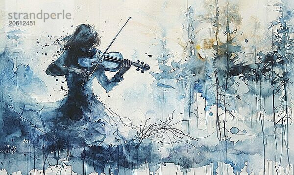 A watercolor painting of a silhouette playing the violin in a forest setting with blue abstract tones AI generated