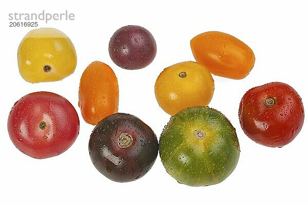 Different tomatoes isolated on white background