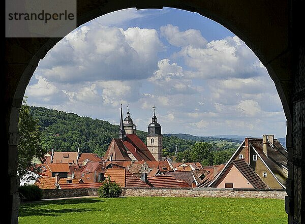 Village  town  church  houses  roofs  view  building  Thuringia  Thuringian Forest  Germany  sight  landscape  East Germany  Middle Ages  dark ages  archway  Europe