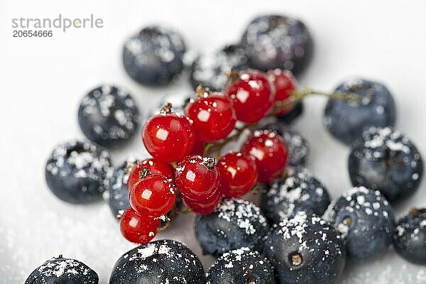 Blueberries and red currant with icing sugar on white background