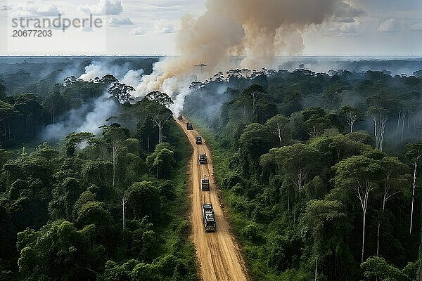 Aerial view capturing the dramatic fire clearing deforestation in the amazon rainforest  AI generated