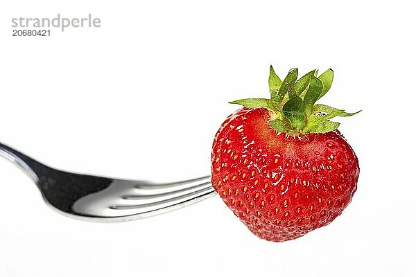 Single strawberry on a fork isolated on white