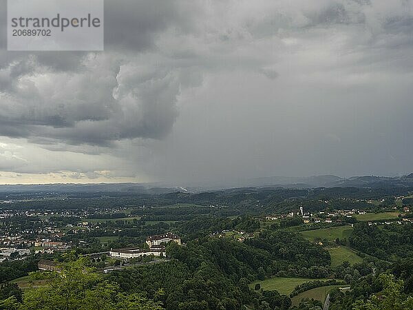 Storm clouds over Leibnitz  Seggau Castle  Frauenberg pilgrimage church in the background  view from the Kreuzkogel lookout point  panoramic photo  Kogelberg near Leibnitz  Styria  Austria  Europe