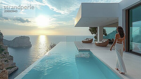 Attractive woman on the terrace of a villa in the style of Mediterranean modernism. Infinity pool and minimalist architecture in a Mediterranean setting with sea views. AI generated  AI generated