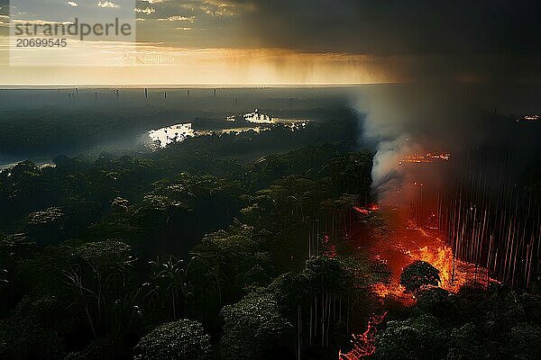 Aerial view capturing the dramatic fire clearing deforestation in the amazon rainforest  AI generated