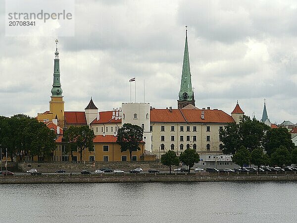 Castle of Riga in the Old Riga  the ancient part of Riga  capital of Latvia  View over the Düna river to Riga's old town centre