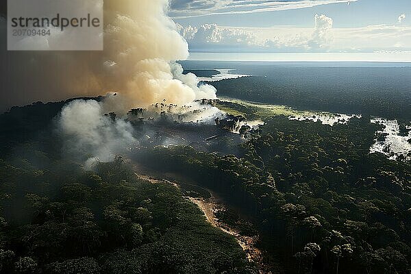 Aerial view capturing the dramatic fire clearing deforestation in the amazon rainforest  AI generated