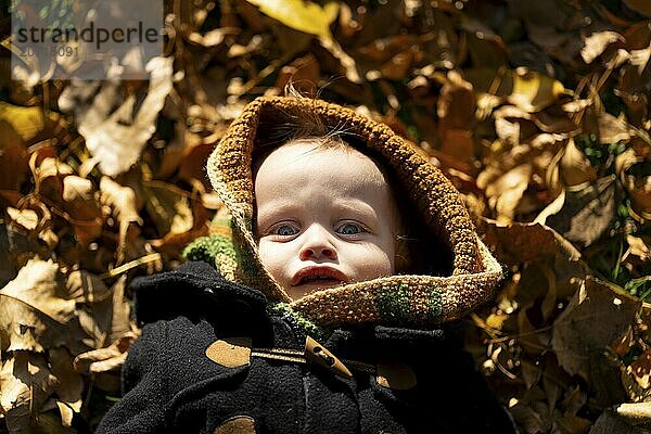 Baby lying on autumn leaves looking at camera