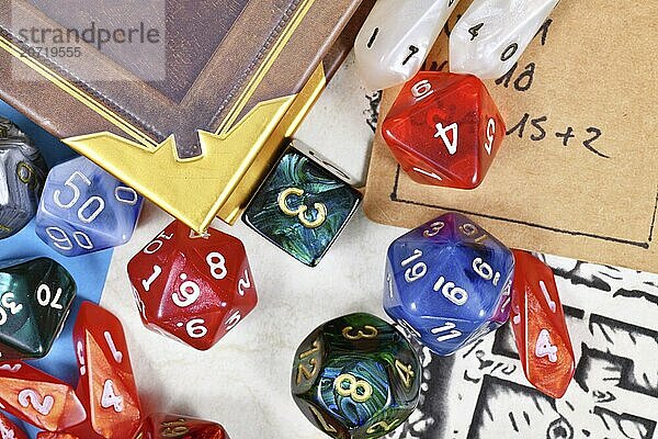 Close up of colorful tabletop role playing RPG game dice