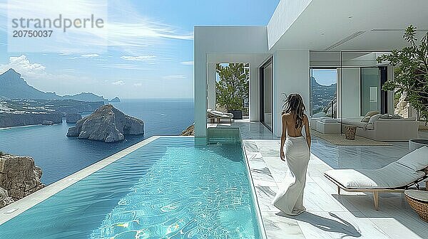 Attractive woman on the terrace of a villa in the style of Mediterranean modernism. Infinity pool and minimalist architecture in a Mediterranean setting with sea views. AI generated  AI generated