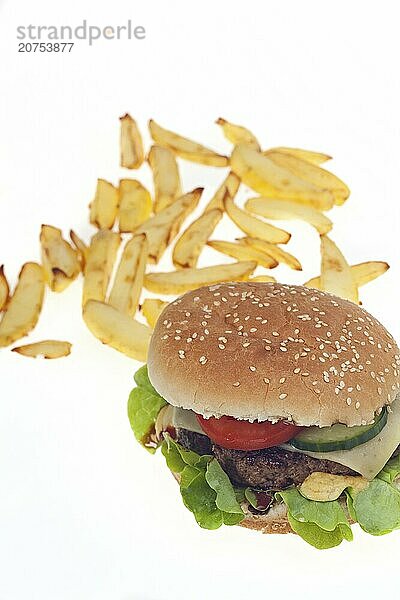 Hamburger and french fries isolated on white