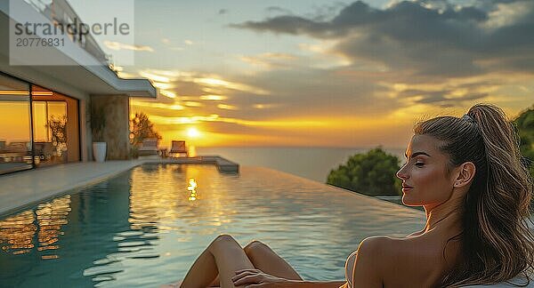 Attractive woman on the terrace of a villa in the style of Mediterranean modernism. Infinity pool and minimalist architecture in a Mediterranean setting with sea views. AI generated  AI generated