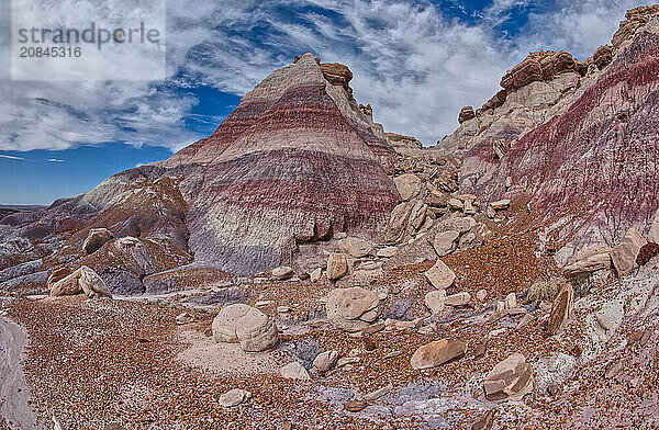 View from below the north cliffs of Blue Mesa in Petrified Forest National Park  Arizona  United States of America  North America