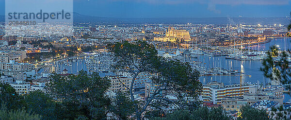 View of city skyline of Palma and cathedral from Castell de Bellver at dusk  Majorca  Balearic Islands  Spain  Mediterranean  Europe