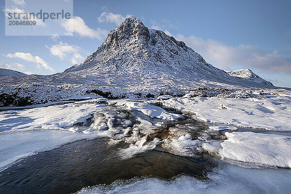 River Coupall below Stob Dearg (Buachaille Etive Mor) in winter  Rannoch Moor  Argyll and Bute  Scottish Highlands  Scotland  United Kingdom  Europe